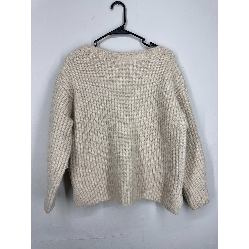 ZARA Sweater Womens XS-S Beige Ribbed Chunky Knit Oversized Boat Neck Pullover - Picture 1 of 12